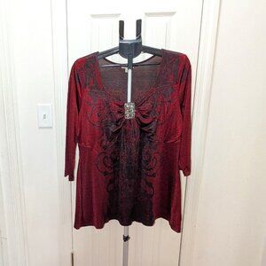 One World Beaded Black and Red Top Blouse 1X Plus